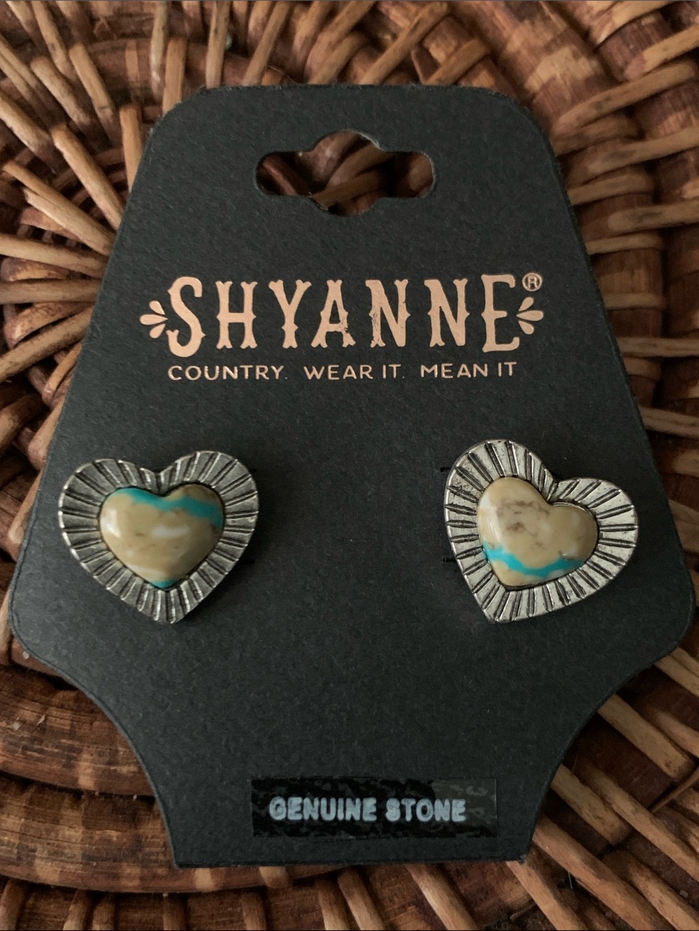 Shyanne Heart Stone Stud Earrings in Cream with Turquoise Accent